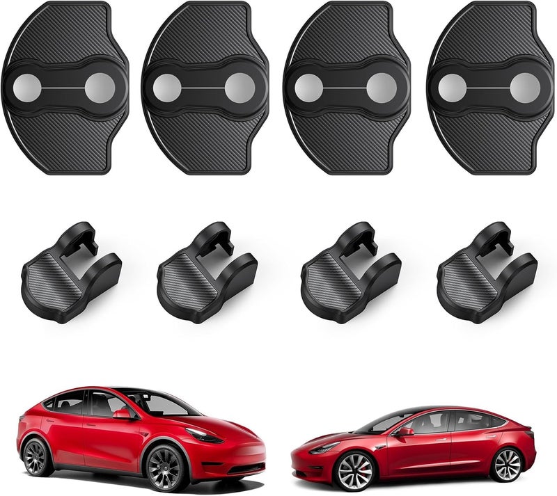 Basenor 2026 2025 Tesla Model Y Juniper Model 3 Door Lock Cover Protector [Carbon Edition] [No Tape Requried], Door Striker Latches Stopper Covers for 2017-2026 Model Y (8PCS)/Model 3 (6PCS) - Image 1